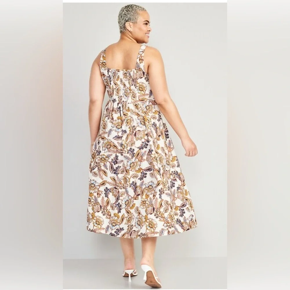 Old Navy Women's Fit & Flare Linen Blend Midi Cami Dress Floral print Size XL - Picture 2 of 8